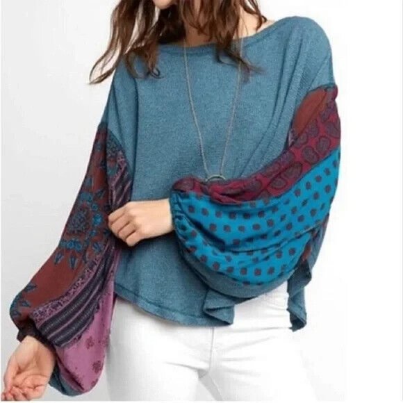 We The Free People Blossom Thermal Patchwork Balloon Sleeve Oversized Pullover S - Picture 1 of 11
